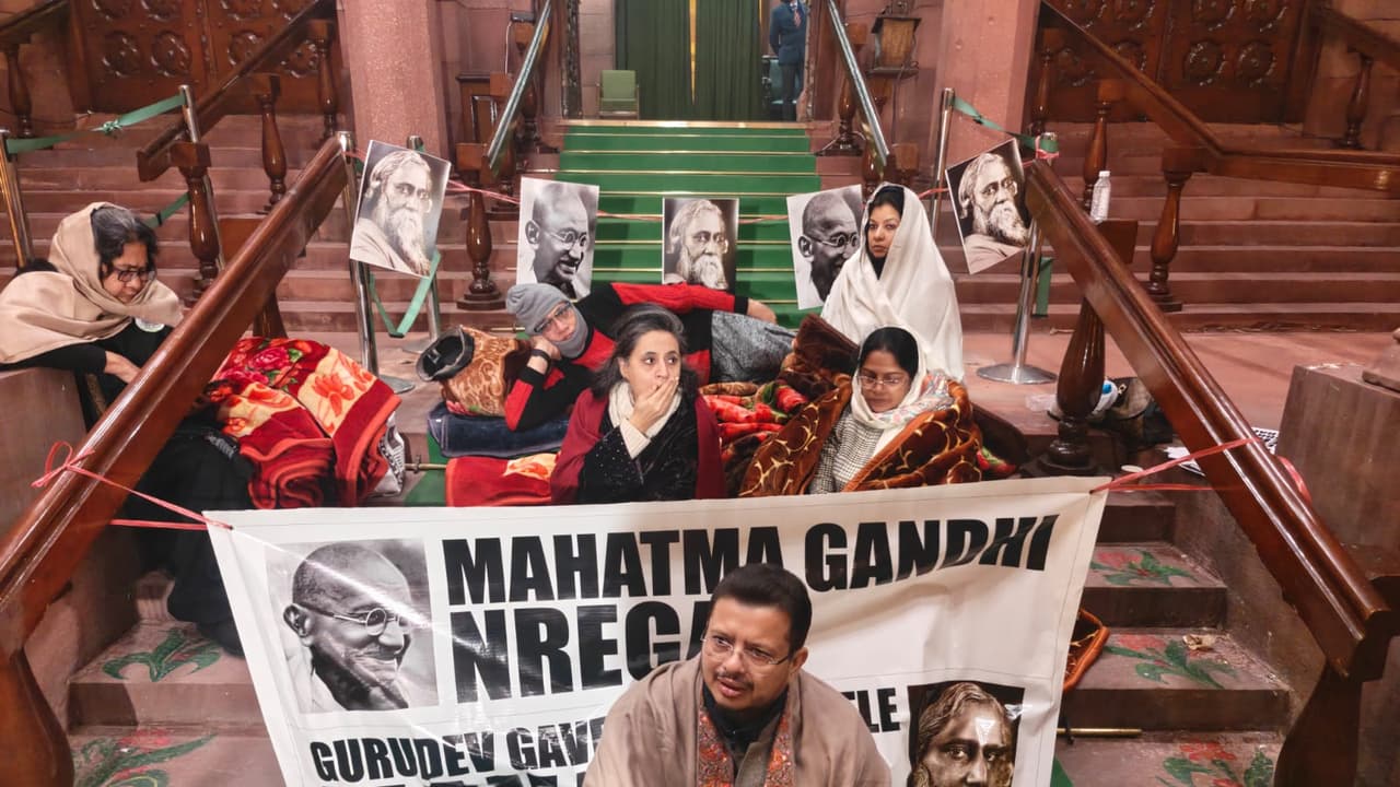 TMC MPs on 12 hour Dharna at Parliament premises (Photo/ANI) TMC MPs on 12 hour Dharna at Parliament premises (Photo/ANI)