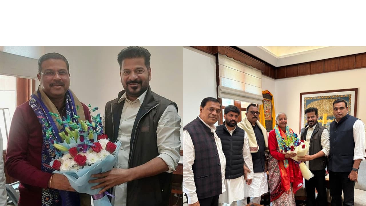 Telangana CM Revanth Reddy with Union Ministers Dharmendra Pradhan and Nirmala Sitharaman. (Photo/ANI) Telangana CM Revanth Reddy with Union Ministers Dharmendra Pradhan and Nirmala Sitharaman. (Photo/ANI)