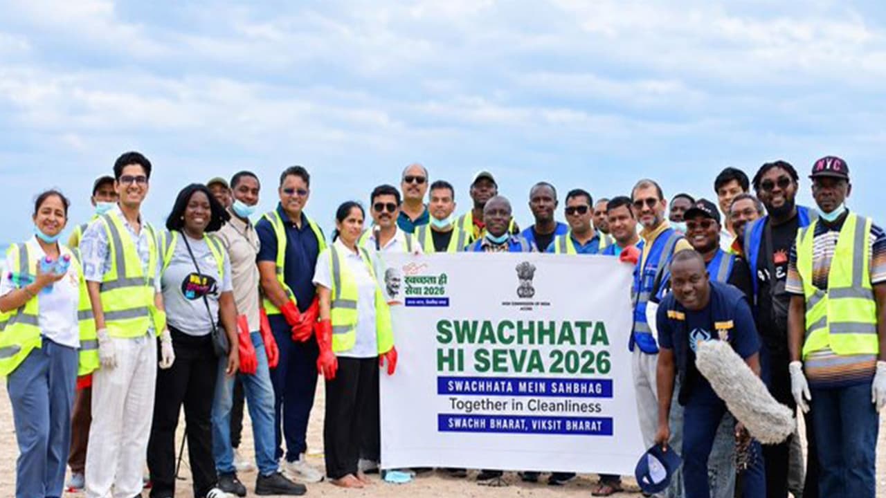 Volunteers and participants pose with a banner during the 'Swachhata Hi Seva 2026' clean up drive organised by the High Commission of India at Ananse Beach in Nungua, Ghana. (Photo: X/@HCI_Accra) Volunteers and participants pose with a banner during the 'Swachhata Hi Seva 2026' clean up drive organised by the High Commission of India at Ananse Beach in Nungua, Ghana. (Photo: X/@HCI_Accra)