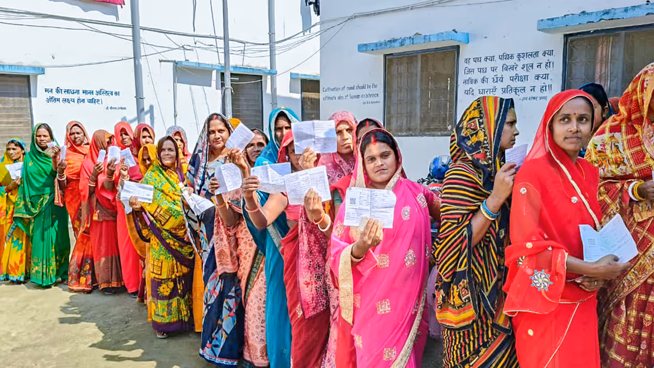 Voters in queue during the first phase of Bihar Assembly polls (Photo/ANI)