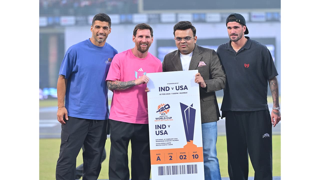 Jay Shah, Luis Suarez, Rodrigo De Paul and Lionel Messi. (Photo: Messi GOAT Tour Delhi) Jay Shah, Luis Suarez, Rodrigo De Paul and Lionel Messi. (Photo: Messi GOAT Tour Delhi)