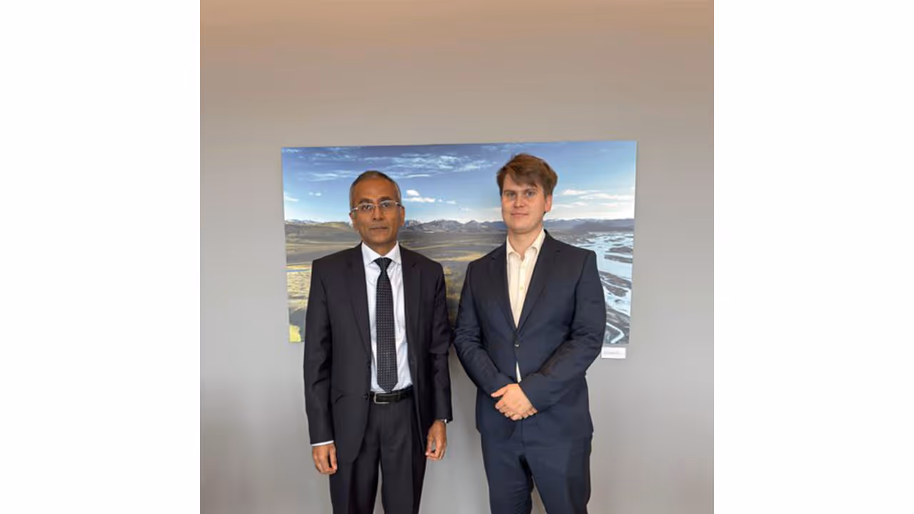 India's Ambassador to Iceland, R Ravindra, meets with Iceland's Minister of Environment, Energy and Climate, Johann Pall Johannsson, to discuss renewable energy and green technology cooperation. (Photo: X/@indembiceland) India's Ambassador to Iceland, R Ravindra, meets with Iceland's Minister of Environment, Energy and Climate, Johann Pall Johannsson, to discuss renewable energy and green technology cooperation. (Photo: X/@indembiceland)