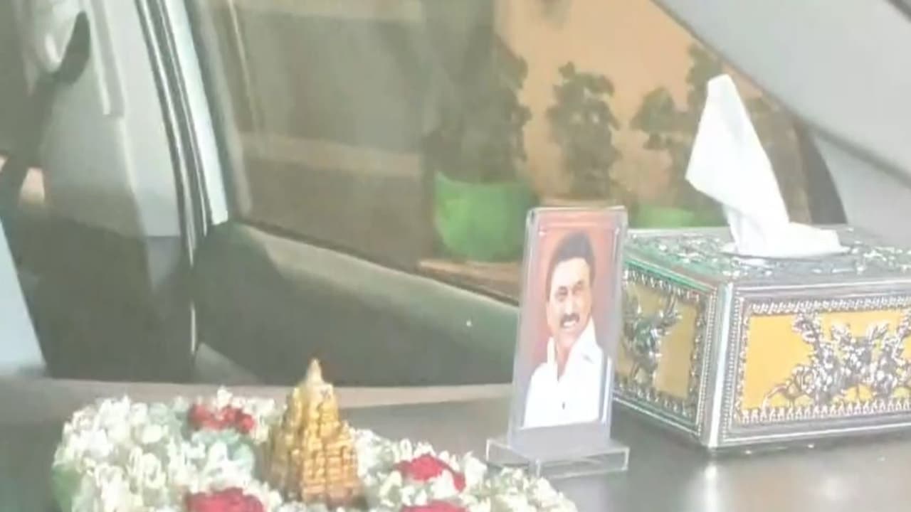 Chief MInister MK Stalin's photo replaced that of Jayalalithaa in Panneerselvam's car (Photo/ANI) Chief MInister MK Stalin's photo replaced that of Jayalalithaa in Panneerselvam's car (Photo/ANI)