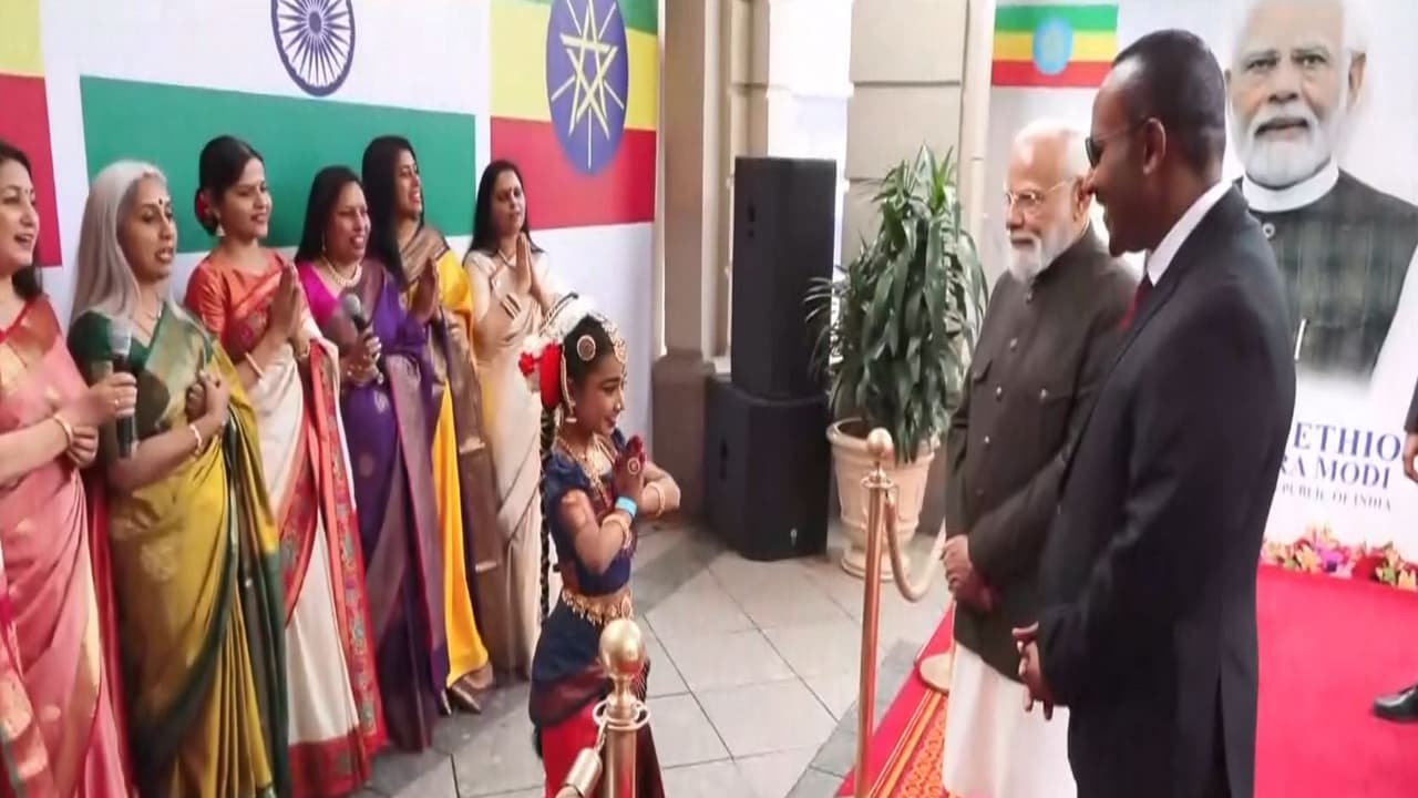 Prime Minister Narendra Modi with Ethiopian Prime Minister Abiy Ahmed Ali during a welcome by members of the Indian diaspora in Addis Ababa (Photo/ANI) Prime Minister Narendra Modi with Ethiopian Prime Minister Abiy Ahmed Ali during a welcome by members of the Indian diaspora in Addis Ababa (Photo/ANI)