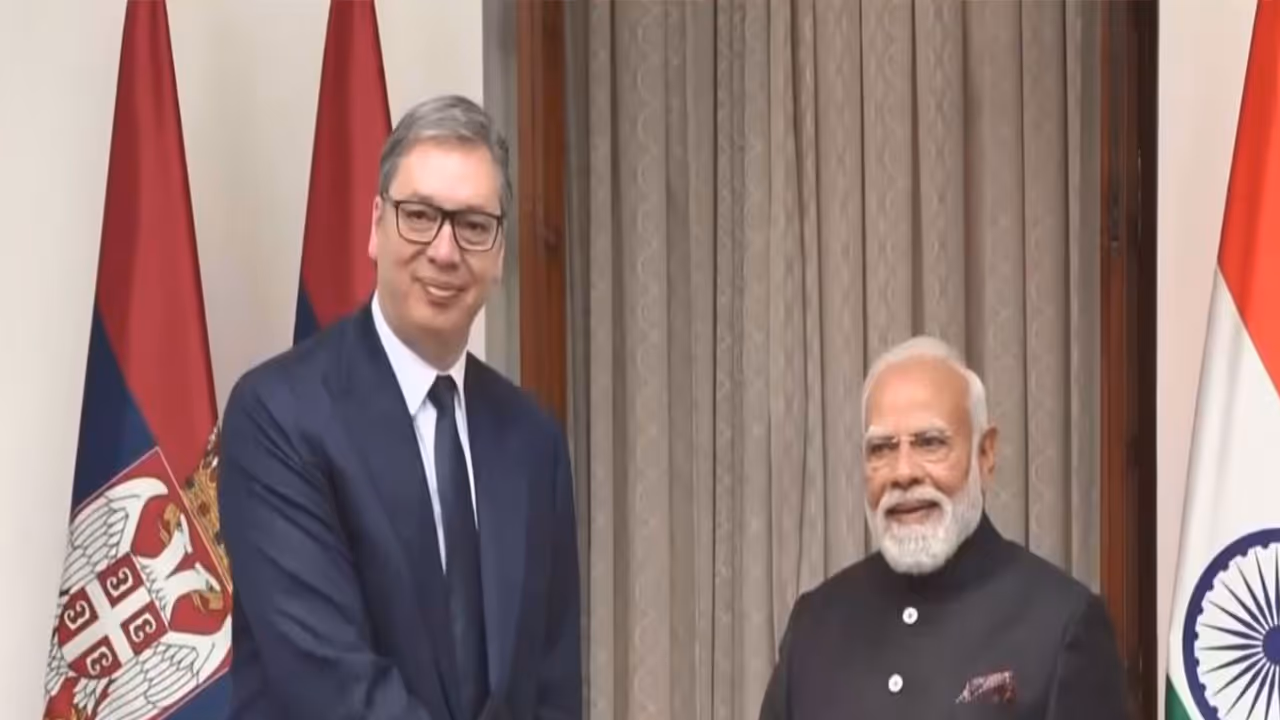 Prime Minister Narendra Modi meets Serbian President Aleksandar Vučić at Hyderabad House in New Delhi. (Photo/ANI) Prime Minister Narendra Modi meets Serbian President Aleksandar Vučić at Hyderabad House in New Delhi. (Photo/ANI)