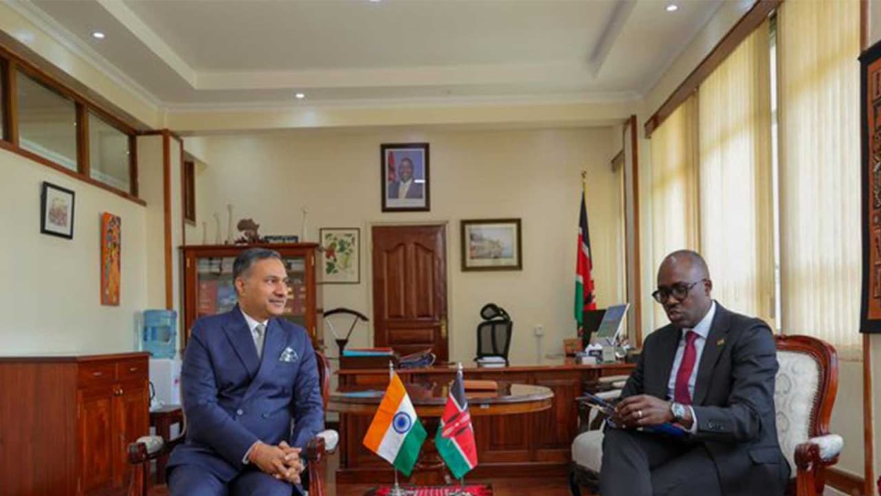 Indian High Commissioner to Kenya Adarsh Swaika meets Kenyan Principal Secretary for Foreign Affairs Korir Sing’Oei. (Photo: X/@IndiainKenya) Indian High Commissioner to Kenya Adarsh Swaika meets Kenyan Principal Secretary for Foreign Affairs Korir Sing’Oei. (Photo: X/@IndiainKenya)