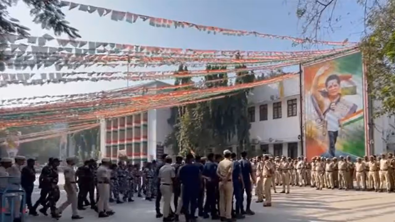 Security forces deployed at the Telangana Congress headquarters, Gandhi Bhavan, in Hyderabad (Photo/ANI) Security forces deployed at the Telangana Congress headquarters, Gandhi Bhavan, in Hyderabad (Photo/ANI)