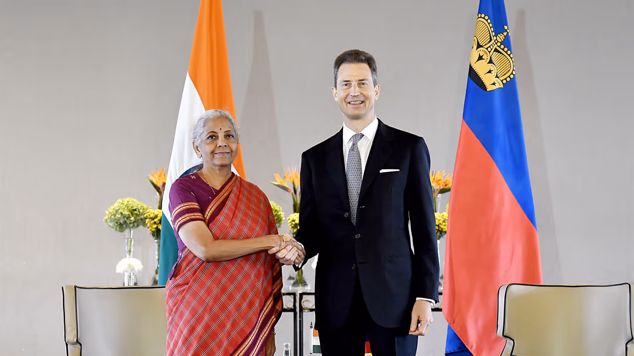 Union Minister Nirmala Sitharaman and Liechtenstein's Hereditary Prince Alois (Photo/ANI) Union Minister Nirmala Sitharaman and Liechtenstein's Hereditary Prince Alois (Photo/ANI)