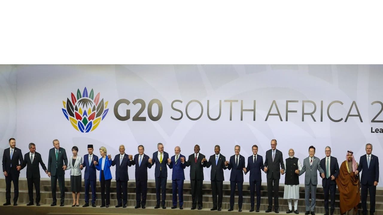 G20 leaders pose for a group photo at the Johannesburg Summit in South Africa. (Photo: X/@narendramodi) G20 leaders pose for a group photo at the Johannesburg Summit in South Africa. (Photo: X/@narendramodi)