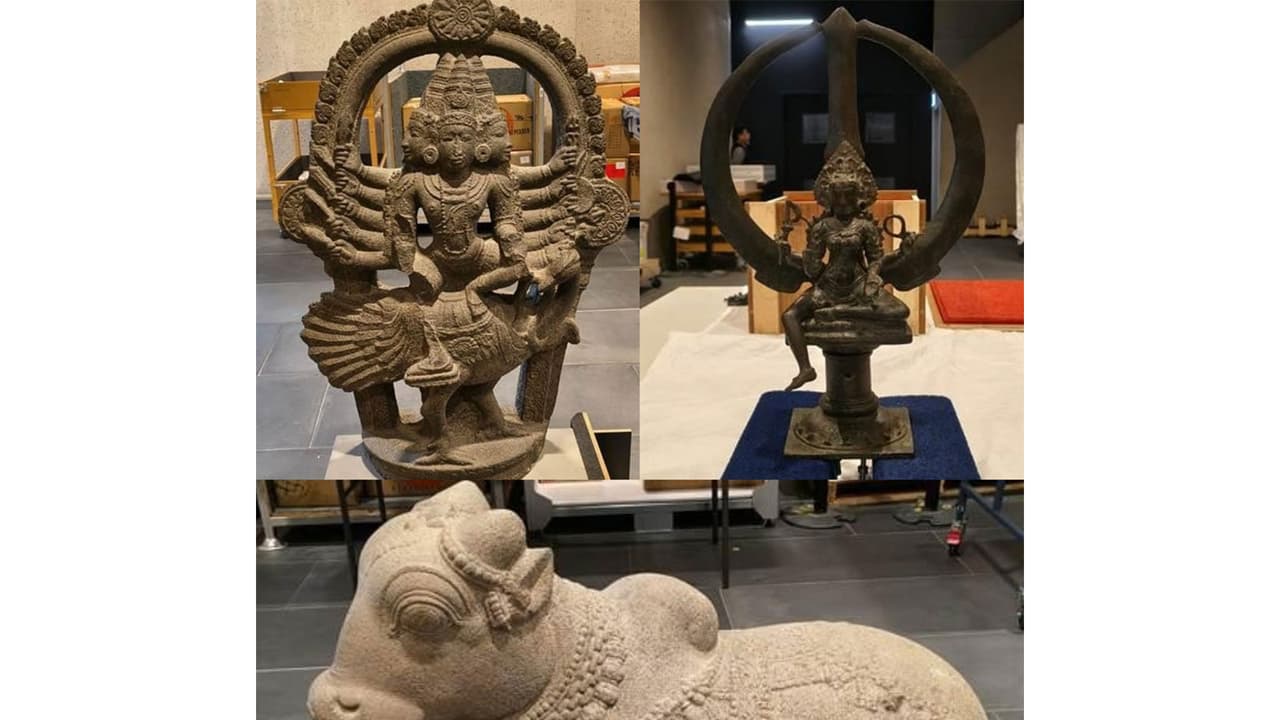Ancient Indian antiquities, including a granite Nandi sculpture, a bronze Trident featuring Bhadrakali, and a basalt sculpture of six headed Skanda, set to be repatriated from Australia to India as part of a landmark cultural heritage initiative. (Photo/ANI) Ancient Indian antiquities, including a granite Nandi sculpture, a bronze Trident featuring Bhadrakali, and a basalt sculpture of six headed Skanda, set to be repatriated from Australia to India as part of a landmark cultural heritage initiative. (Photo/ANI)