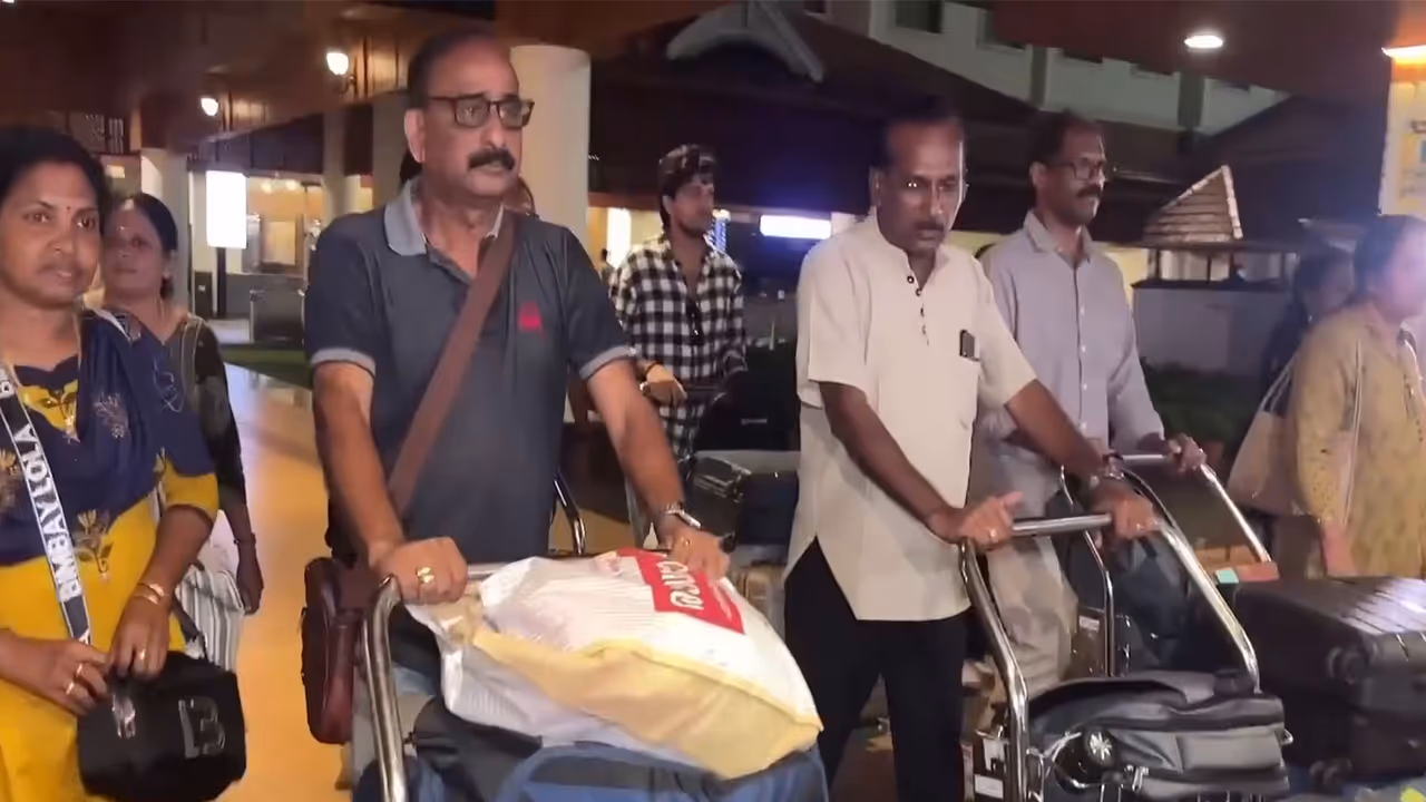 A 36 member group of Malayalis who were caught in a flash flood in Nepal narrowly escaped the disaster and returned to Nedumbassery on Sunday (Photo:ANI). A 36 member group of Malayalis who were caught in a flash flood in Nepal narrowly escaped the disaster and returned to Nedumbassery on Sunday (Photo:ANI).