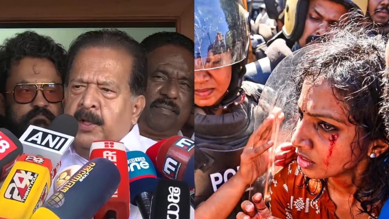 Keralam Home Minister Ramesh Chennithala and SFI Protester (Photo/ANI, Instagram/@sficec) Keralam Home Minister Ramesh Chennithala and SFI Protester (Photo/ANI, Instagram/@sficec)