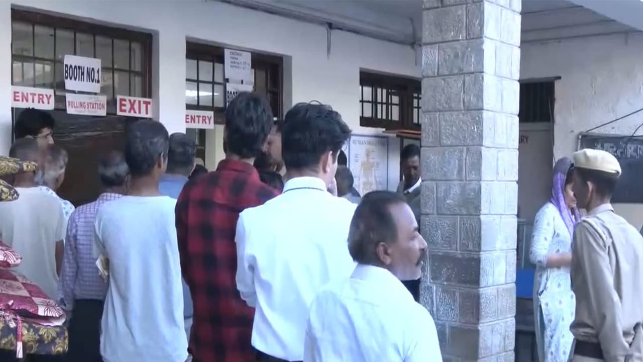 Voters queue up at a polling station in Dharamshala to cast vote for civic body elections (Photo/ANI) Voters queue up at a polling station in Dharamshala to cast vote for civic body elections (Photo/ANI)