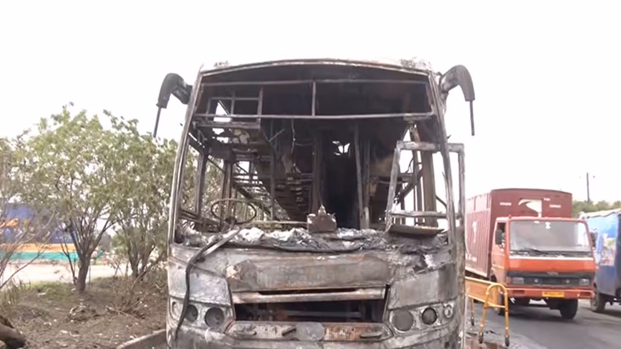 Bus caught fire after tyre burst in Indore (Photo/ANI) Bus caught fire after tyre burst in Indore (Photo/ANI)