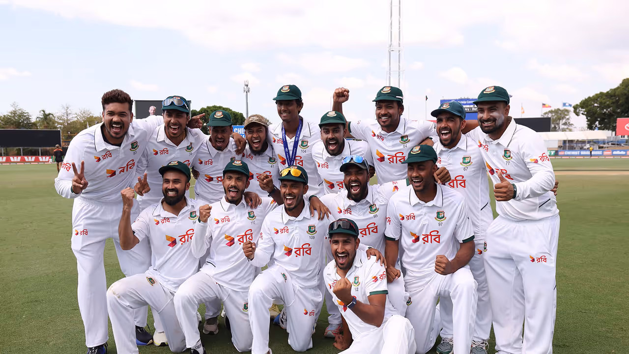 Bangladesh players celebrating (Photo: X/@cricketcomau) Bangladesh players celebrating (Photo: X/@cricketcomau)