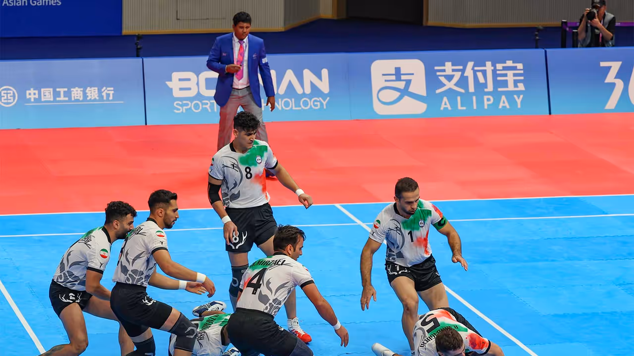 Iran Kabaddi players during Asian Games 2022 final against India. (Photo: ANI) Iran Kabaddi players during Asian Games 2022 final against India. (Photo: ANI)
