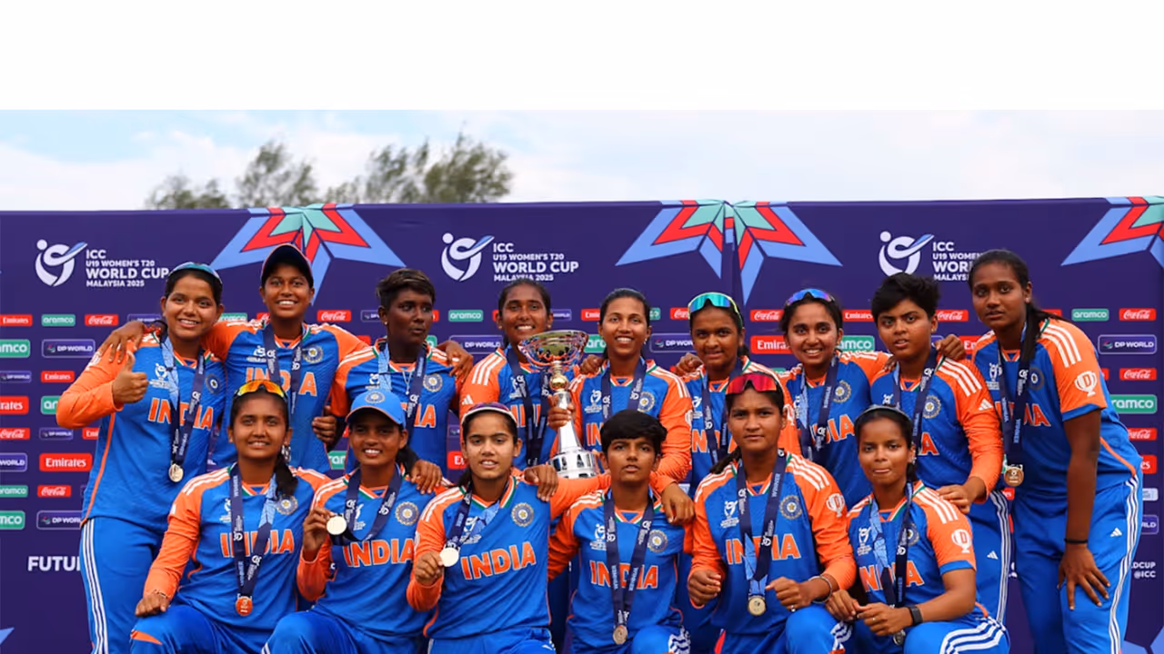 Team India with the ICC U19 Women's T20 World Cup. (Photo: ICC official website) Team India with the ICC U19 Women's T20 World Cup. (Photo: ICC official website)