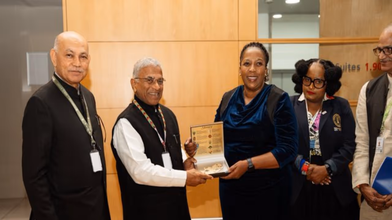 Rajya Sabha Deputy Chairman Harivansh Narayan Singh met South African Parliament’s Chairperson of the National Council of Provinces (NCOP) Refilwe Mtsweni Tsipane in Cape Town. (Photo: X/@hci_pretoria) Rajya Sabha Deputy Chairman Harivansh Narayan Singh met South African Parliament’s Chairperson of the National Council of Provinces (NCOP) Refilwe Mtsweni Tsipane in Cape Town. (Photo: X/@hci_pretoria)