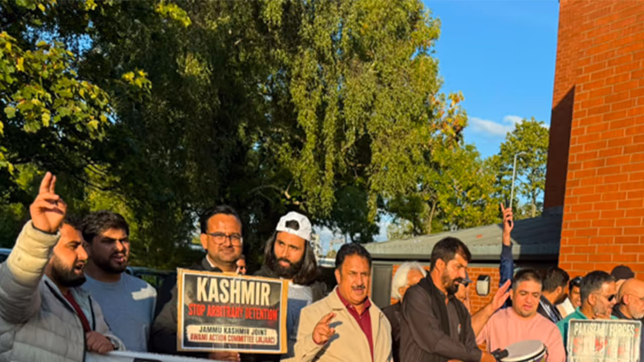 Kashmiri protesters stage a demonstration in Manchester, UK, against alleged human rights violations in Pakistan occupied Jammu and Kashmir (PoJK). (Photo/ANI) Kashmiri protesters stage a demonstration in Manchester, UK, against alleged human rights violations in Pakistan occupied Jammu and Kashmir (PoJK). (Photo/ANI)