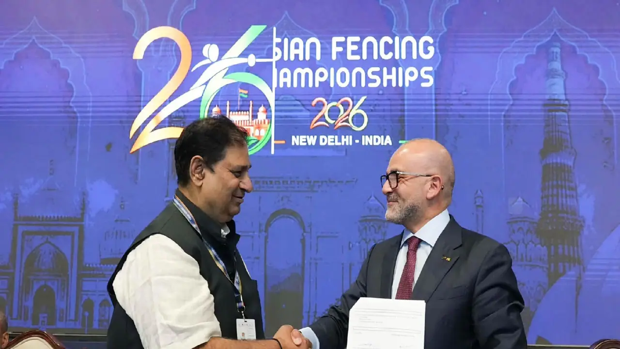 Interim President of International Fencing Federation Abdelmoniem El Husseiny and Secretary General of Fencing Association of India Rajeev Mehta during the signing of MoU (Image: FAI) Interim President of International Fencing Federation Abdelmoniem El Husseiny and Secretary General of Fencing Association of India Rajeev Mehta during the signing of MoU (Image: FAI)