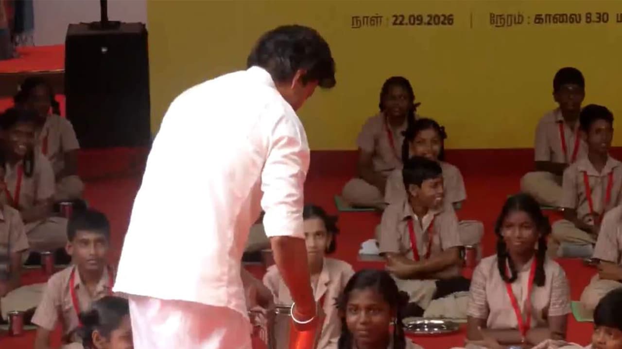 Tamil Nadu Chief Minister C Joseph Vijay distributes breakfast to schoolchildren during the launch of the expanded Perunthalaivar Kamarajar Free Breakfast Scheme at Government Middle School in Gandhi Gramam, Thiruvanmiyur, Chennai. (Photo: ANI) Tamil Nadu Chief Minister C Joseph Vijay distributes breakfast to schoolchildren during the launch of the expanded Perunthalaivar Kamarajar Free Breakfast Scheme at Government Middle School in Gandhi Gramam, Thiruvanmiyur, Chennai. (Photo: ANI)