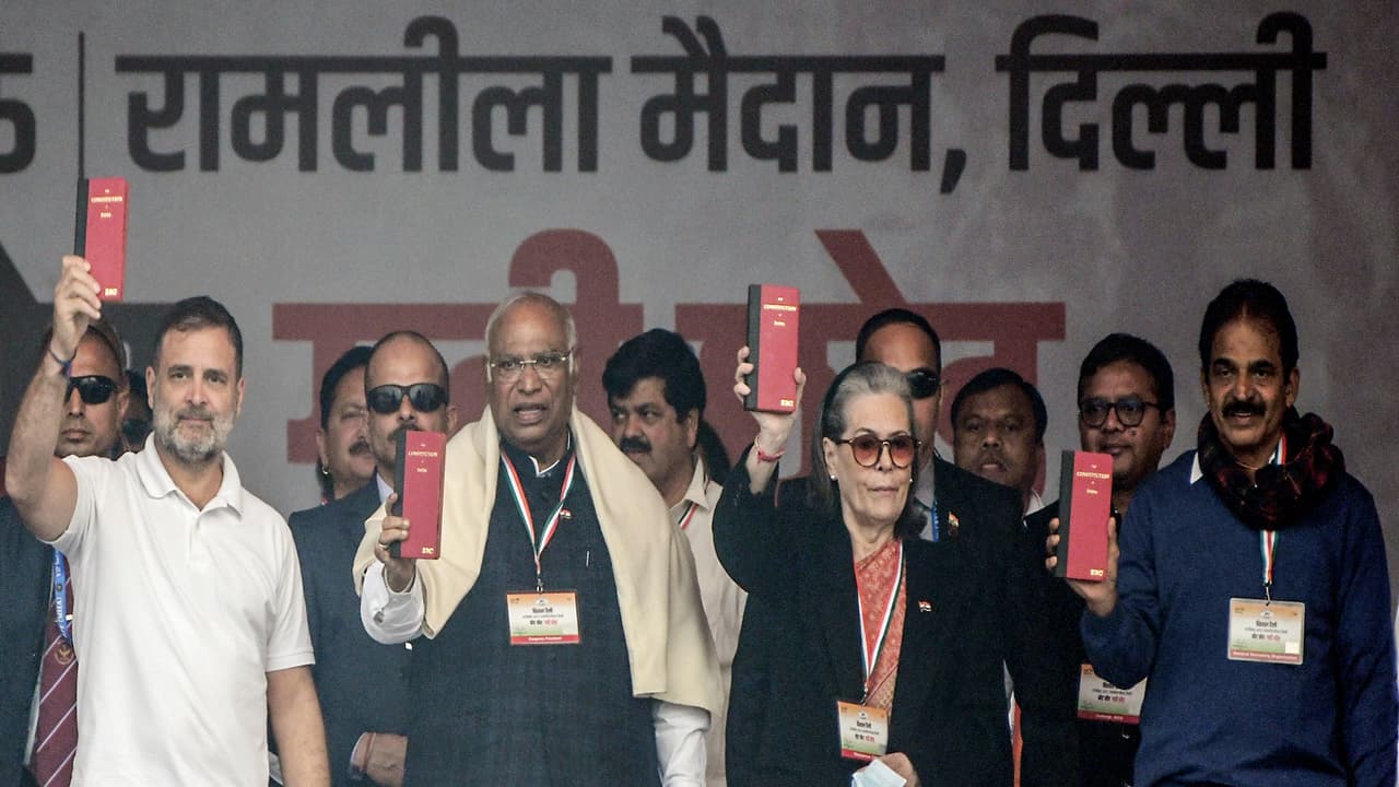 Congress Parliamentary Party Chairperson Sonia Gandhi, party President Mallikarjun Kharge, Lok Sabha LoP Rahul Gandhi and party General Secretary KC Venugopal (Photo/ANI) Congress Parliamentary Party Chairperson Sonia Gandhi, party President Mallikarjun Kharge, Lok Sabha LoP Rahul Gandhi and party General Secretary KC Venugopal (Photo/ANI)