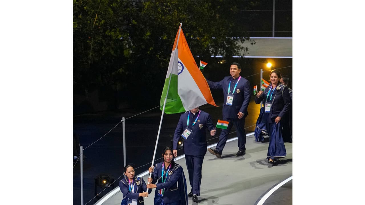 Mirabai Chanu and Lovlina Borgohain leads the Indian contingent at the opening ceremony of the Commonwealth Games 2026. (Photo:X/@narendramodi) Mirabai Chanu and Lovlina Borgohain leads the Indian contingent at the opening ceremony of the Commonwealth Games 2026. (Photo:X/@narendramodi)