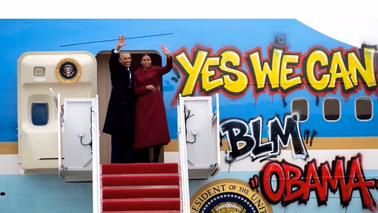 Trump shares doctored image of Obama and Michele with Graffiti covered Air Force One (Photo/TruthSocial/@realDonaldTrump) Trump shares doctored image of Obama and Michele with Graffiti covered Air Force One (Photo/TruthSocial/@realDonaldTrump)