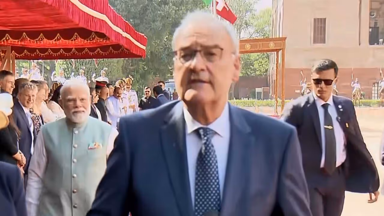 Swiss Confederation President Guy Parmelin addressing the media after his ceremonial reception at the forecourt of Rashtrapati Bhavan in New Delhi. (Photo/ANI) Swiss Confederation President Guy Parmelin addressing the media after his ceremonial reception at the forecourt of Rashtrapati Bhavan in New Delhi. (Photo/ANI)