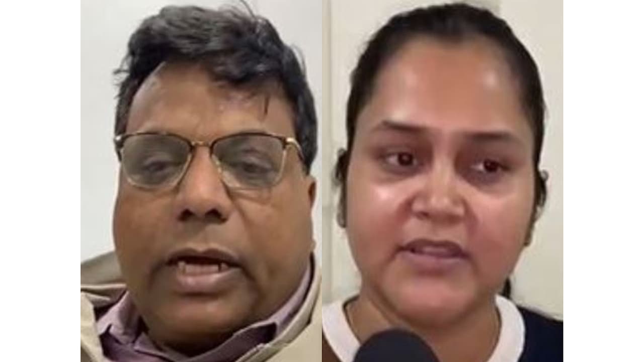 Sanjay Dwivedi, the father of Shubham Dwivedi, and Aishanya Dwivedi, the wife of the victim (Photo/ANI) Sanjay Dwivedi, the father of Shubham Dwivedi, and Aishanya Dwivedi, the wife of the victim (Photo/ANI)
