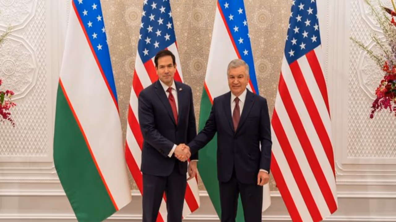 US Secretary of State Marco Rubio and Uzbek President Shavkat Mirziyoyev (Photo/X/@USAmbIndia) US Secretary of State Marco Rubio and Uzbek President Shavkat Mirziyoyev (Photo/X/@USAmbIndia)
