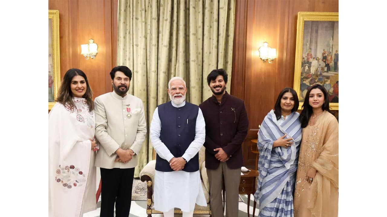 PM Modi with veteran actor Mammootty and his family members (Image source: PM Modi's Instagram) PM Modi with veteran actor Mammootty and his family members (Image source: PM Modi's Instagram)