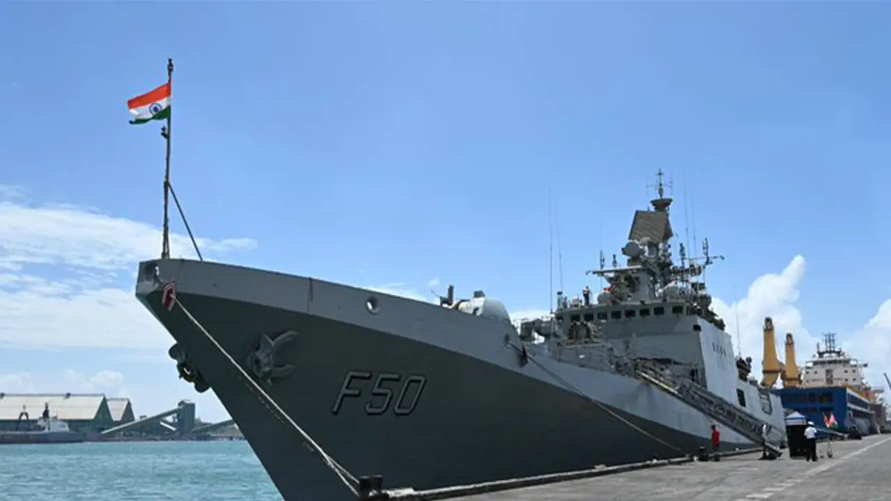 Indian Naval Ship (INS) Tarkash berthed at Port Louis, Mauritius. (Photo: X/@indiannavy) Indian Naval Ship (INS) Tarkash berthed at Port Louis, Mauritius. (Photo: X/@indiannavy)
