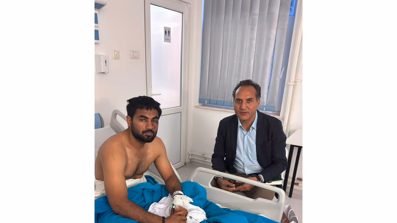 Embassy officials in Romania meet Indians rescued from vessel attacked in Black Sea (Photo/X@eoiromania) Embassy officials in Romania meet Indians rescued from vessel attacked in Black Sea (Photo/X@eoiromania)