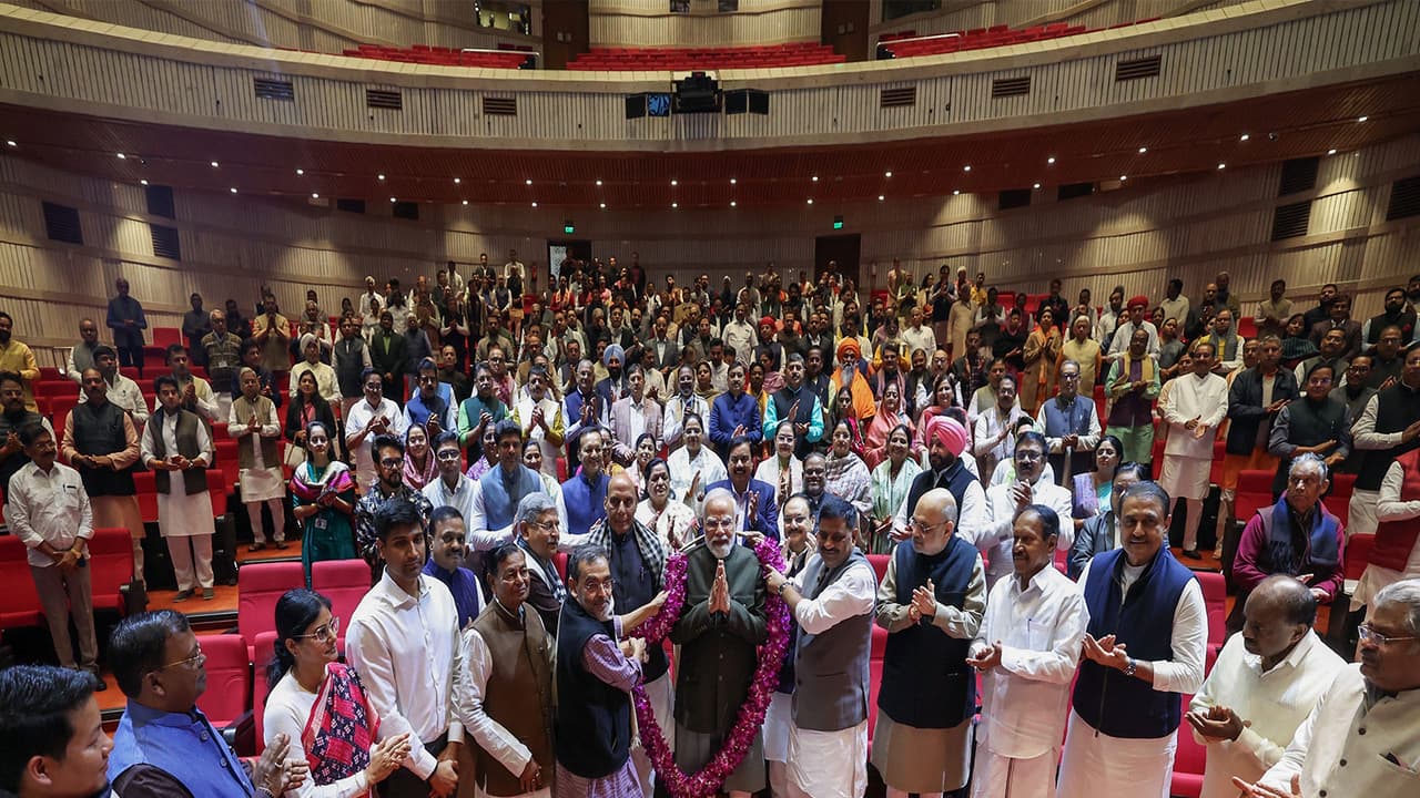 PM Narendra Modi felicitated by NDA Leaders at Parliamentary Party Meeting in New Delhi. (Photo/ANI) PM Narendra Modi felicitated by NDA Leaders at Parliamentary Party Meeting in New Delhi. (Photo/ANI)