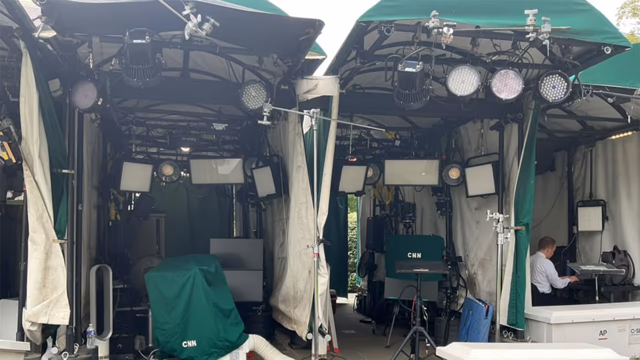 CNN's broadcast booth on the White House grounds stands vacant with equipment covered after US President Donald trump revoked the network's media access (Photo/ANI) CNN's broadcast booth on the White House grounds stands vacant with equipment covered after US President Donald trump revoked the network's media access (Photo/ANI)
