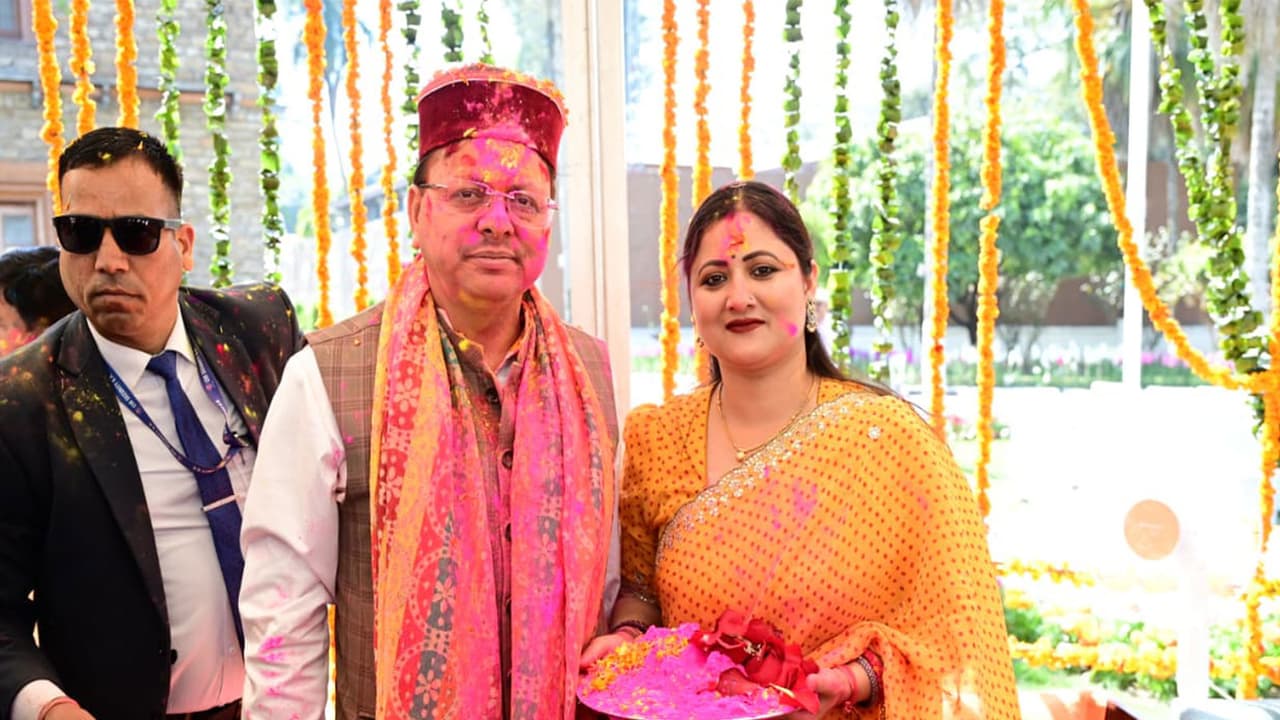 Uttarakhand CM Pushkar Singh Dhami and wife Geeta Dhami celebrate Holi (Photo/X/@pushkardhami) Uttarakhand CM Pushkar Singh Dhami and wife Geeta Dhami celebrate Holi (Photo/X/@pushkardhami)