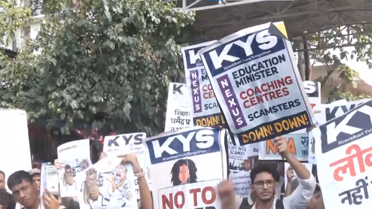 All India Students' Association (AISA) staged a protest over the NEET UG 2026 paper leak case (Photo/ANI) All India Students' Association (AISA) staged a protest over the NEET UG 2026 paper leak case (Photo/ANI)