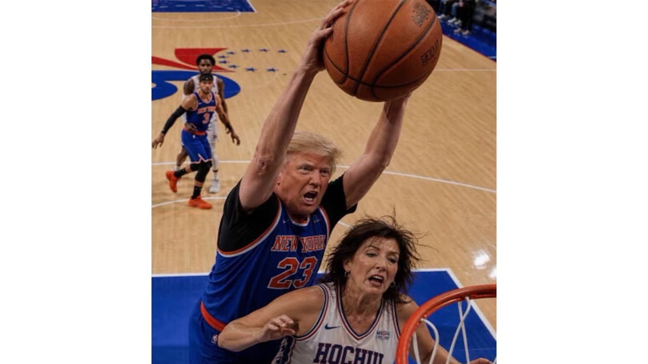 US President Donald Trump shares an AI generated image depicting a basketball themed face off with New York Governor Kathy Hochul. (Photo/Truth Social) US President Donald Trump shares an AI generated image depicting a basketball themed face off with New York Governor Kathy Hochul. (Photo/Truth Social)