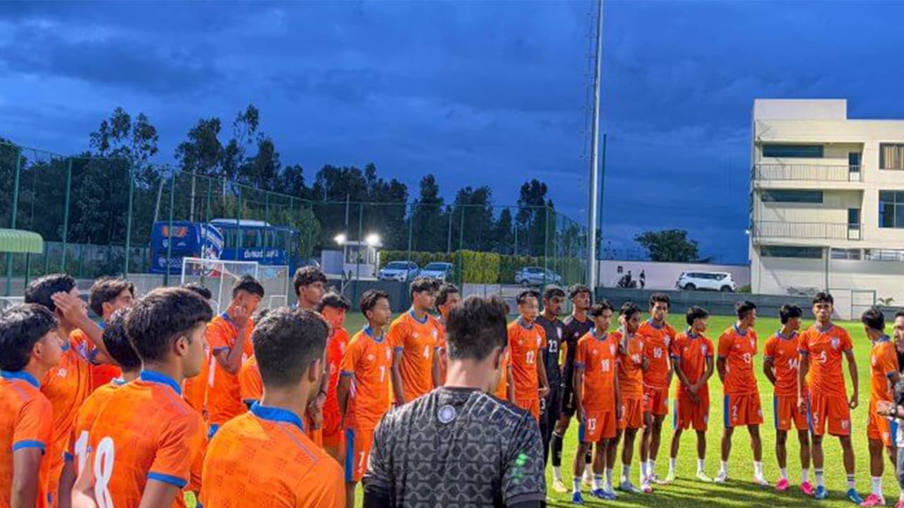 India U20 football team with head coach Mahesh Gawali. (Photo: AIFF Media) India U20 football team with head coach Mahesh Gawali. (Photo: AIFF Media)