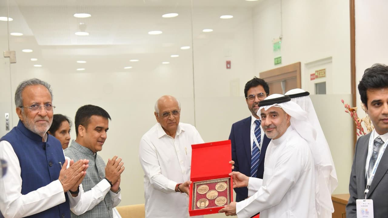 Gujarat CM Bhupendra Patel, Deputy CM Harsh Sanghavi and Henox IT & Data Centres CEO (Photo/Gujarat CMO) Gujarat CM Bhupendra Patel, Deputy CM Harsh Sanghavi and Henox IT & Data Centres CEO (Photo/Gujarat CMO)