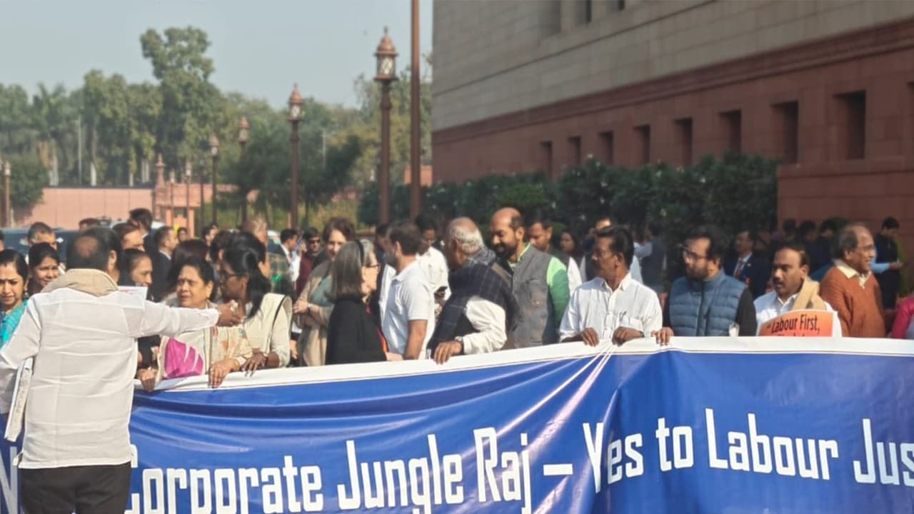 INDIA bloc protest outside Parliament (Photo/ANI) INDIA bloc protest outside Parliament (Photo/ANI)