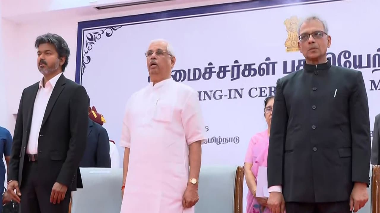 Tamil Nadu CM Vijay, Governor Rajendra Arlekar at the oath ceremony (Photo/ANI) Tamil Nadu CM Vijay, Governor Rajendra Arlekar at the oath ceremony (Photo/ANI)