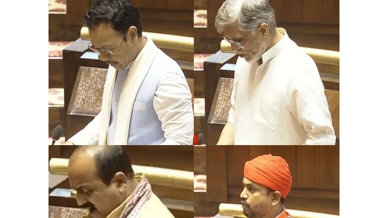 Newly elected members of the Rajya Sabha from various political parties taking their oaths on the first day of the Monsoon Session of Parliament (Photo/Sansad TV) Newly elected members of the Rajya Sabha from various political parties taking their oaths on the first day of the Monsoon Session of Parliament (Photo/Sansad TV)