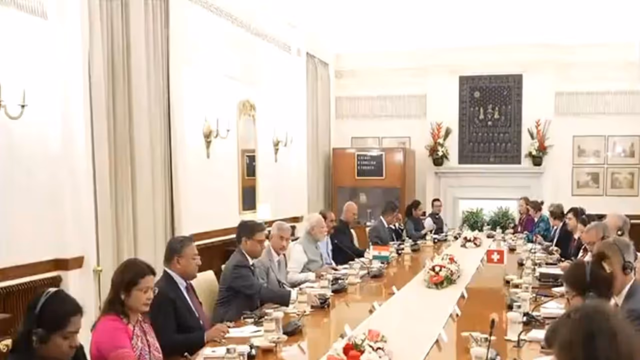 Prime Minister Narendra Modi and Swiss President Guy Parmelin during their delegation level meeting at Hyderabad House in New Delhi. (Photo/ANI) Prime Minister Narendra Modi and Swiss President Guy Parmelin during their delegation level meeting at Hyderabad House in New Delhi. (Photo/ANI)