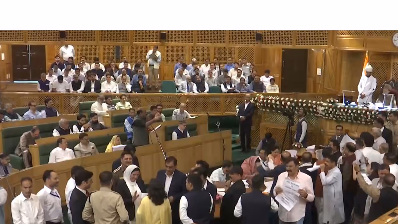Protesting BJP legislators in the JK Assembly (Photo/ ANI) Protesting BJP legislators in the JK Assembly (Photo/ ANI)