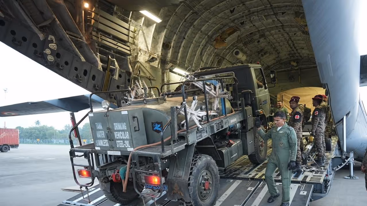 An IAF C 17 carrying 70 medical personnel and a modular field hospital arrives in Colombo for Sri Lanka flood relief efforts. (Photo: X/@DrSJaishankar) An IAF C 17 carrying 70 medical personnel and a modular field hospital arrives in Colombo for Sri Lanka flood relief efforts. (Photo: X/@DrSJaishankar)