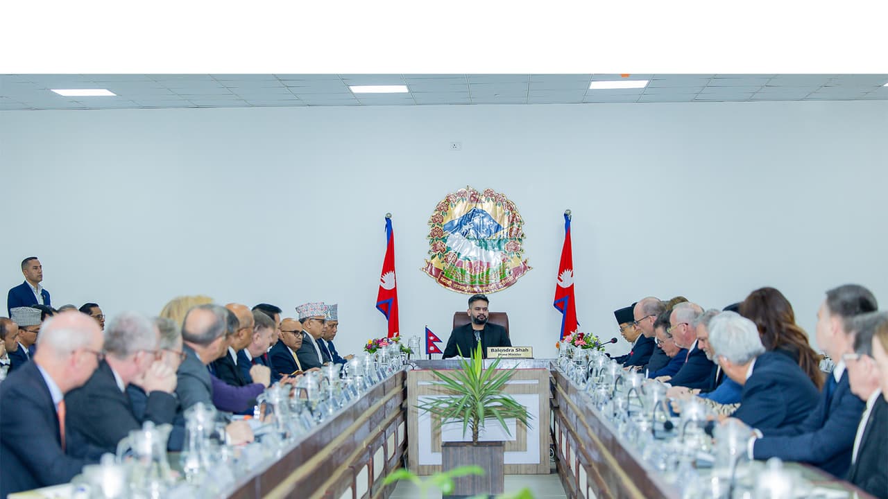 Nepal PM Balendra Shah interacts with EU delegation in Kathmandu. (Image Source: PMO, Nepal) Nepal PM Balendra Shah interacts with EU delegation in Kathmandu. (Image Source: PMO, Nepal)