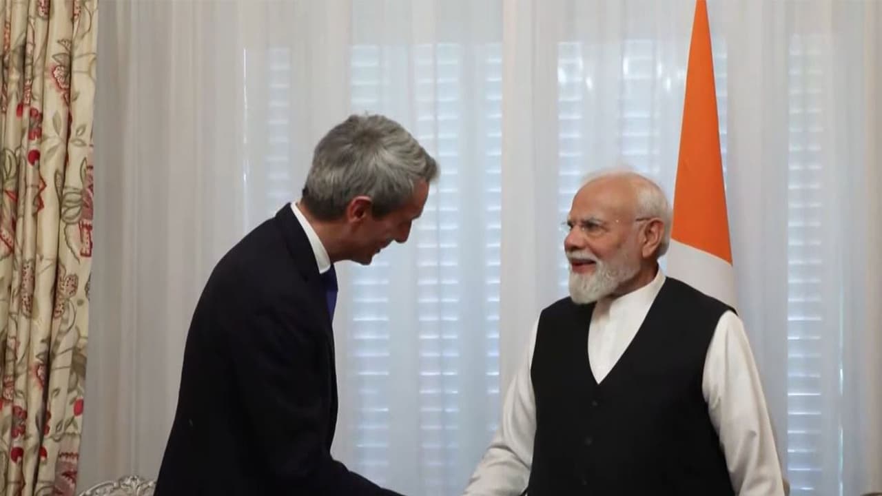 Prime Minister Narendra Modi meets Saint Gobain Chairman and CEO Benoit Bazin during his visit to Paris, France (Photo/ANI) Prime Minister Narendra Modi meets Saint Gobain Chairman and CEO Benoit Bazin during his visit to Paris, France (Photo/ANI)