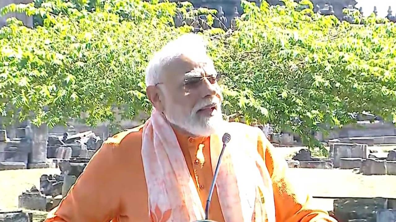 Yogyakarta: Prime Minister Narendra Modi at Prambanan Temple (Photo/ANI/DD) Yogyakarta: Prime Minister Narendra Modi at Prambanan Temple (Photo/ANI/DD)
